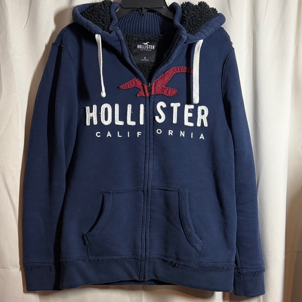 Y2K Hollister Men’s Sherpa Lined Full Zip Collar Hoodie Navy Logo Size Small‎